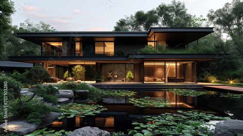 Modern house with pitched roof with large overhangs  in forest with pond and lily pond  cozy wood  in the style of dark bronze and dark black  asian-inspired  dark gray  soft light  orient-inspired
