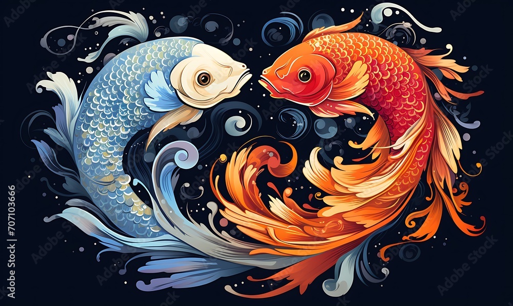 Illustration of two fish positioned like yingyang with all the luxurious colors. Generative Ai

