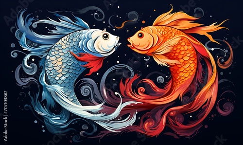 Illustration of two fish positioned like yingyang with all the luxurious colors. Generative Ai