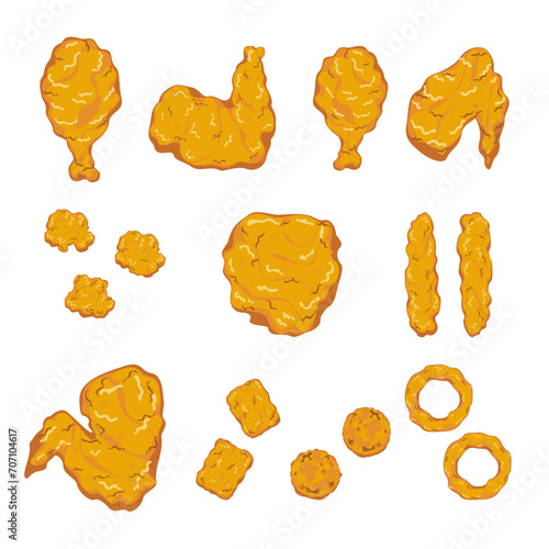 Crispy fried chicken illustration set Chicken breasts, drumsticks, chicken strips, wings, nuggets, strips, bites, shrimp donuts Top side view Crunchy fast food illustration delicious food menu.