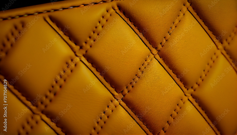 Naklejka premium Yellow Close-up texture of genuine leather with Beige rhombic stitching, Ai generated image
