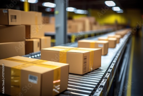 Multiple cardboard packages moving on a conveyor belt in a warehouse fulfillment center. Warehouse logistics and e-commerce delivery concepts.