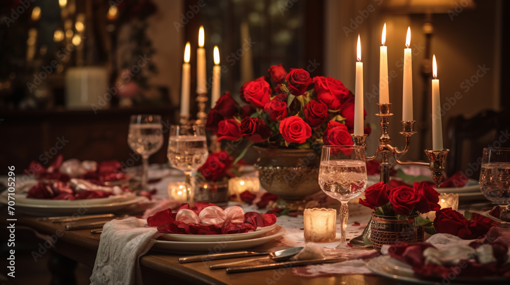 An ultra high-quality image capturing an elegantly set table with candles, roses, and romantic dinnerware, creating a warm and intimate atmosphere perfect for a Valentine's Day dinner. 