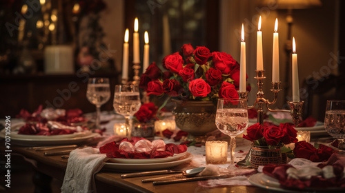 An ultra high-quality image capturing an elegantly set table with candles, roses, and romantic dinnerware, creating a warm and intimate atmosphere perfect for a Valentine's Day dinner. 