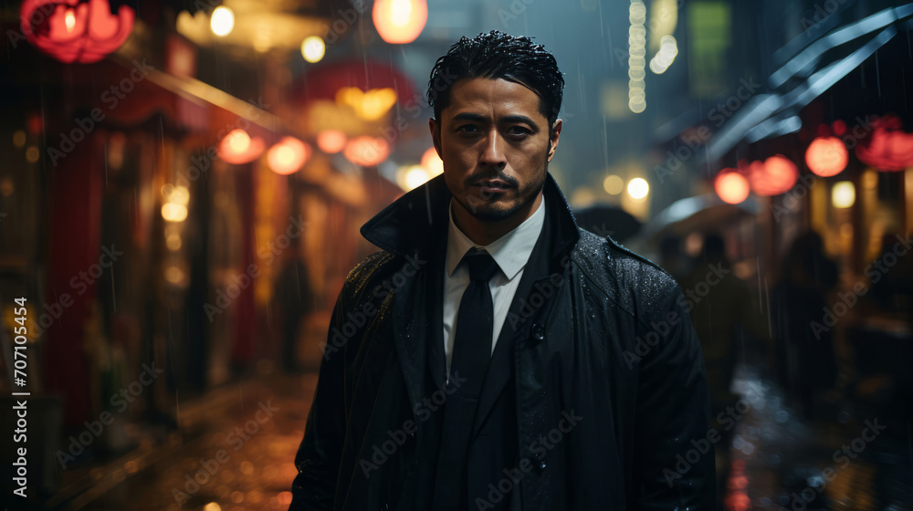 Asian man, night and mafia with city street, spy and mysterious in rain. Serious, looking and rain with male wearing business suit for gangster, profit and asset for protective services and bodyguar Asian man, night and mafia with city street, spy and mysterious in rain. Serious, looking and rain with male wearing business suit for gangster, profit and asset for protective services and bodyguar