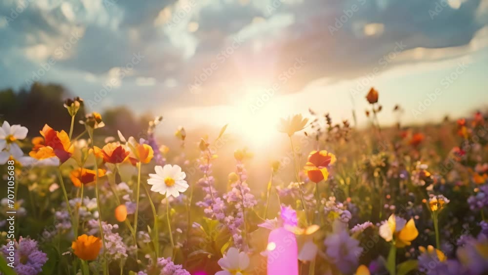 Spring wildflower field in beautiful sunlight. Slow motion movie showing a field of pretty wild flowers gently swaying in the breeze focusing on the poppies and cornflowers in the foreground. A stunni