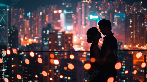 A breathtaking shot of a couple's silhouette against a city skyline illuminated with Valentine's Day lights, portraying the idea of love in a bustling urban setting. 