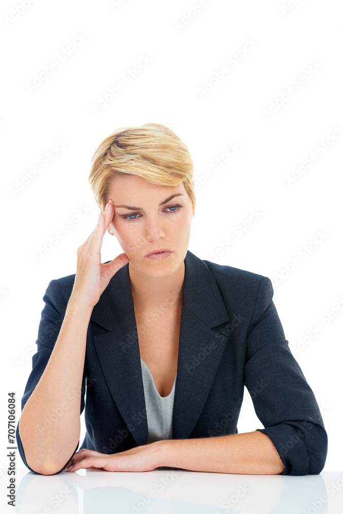 Business woman, stress or thinking in studio of challenge, headache or mental health on white background. Burnout, confused worker or sad for vertigo, brain fog or doubt wrong mistake at mockup space Business woman, stress or thinking in studio of challenge, headache or mental health on white background. Burnout, confused worker or sad for vertigo, brain fog or doubt wrong mistake at mockup space