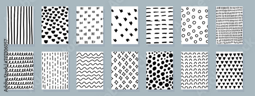 Abstract grunge backgrounds. Vector illustration set. Hand drawn simple doodle texture. Abstract posters with lines, dots, and stars. Black and white colors