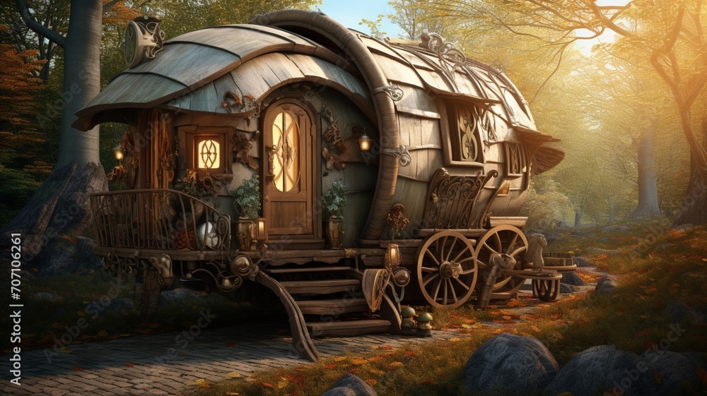 Rustic wooden caravan fantasy art elven steel wheel picture Ai generated art