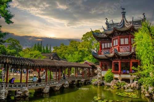 Traditional Chinese Pavilion, at Sunset, in a Serene Garden Landscape
