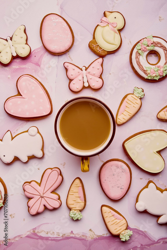 Easter background - coffee cup among pastel cookies. Spring card with glazed symbols of Easter on pink background flat lay.