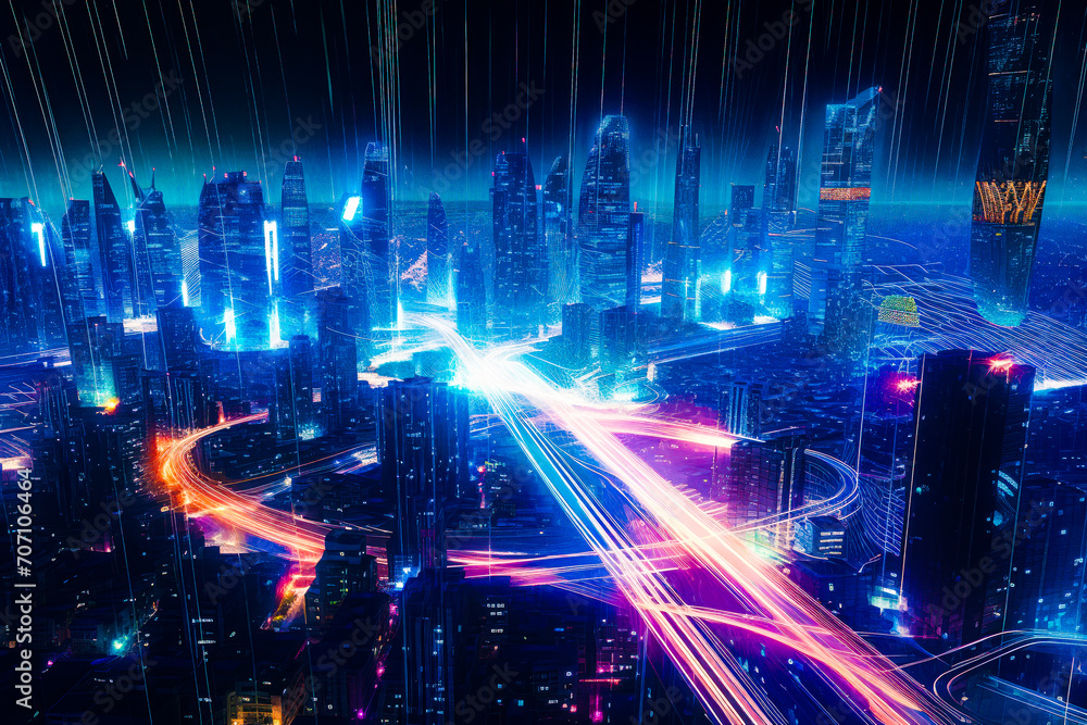 Futuristic cityscape of the Metaverse with skyscrapers, neon lights, and virtual modes of transportation with light trails.