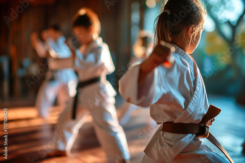Kids practicing karate in a gym. 
 photo