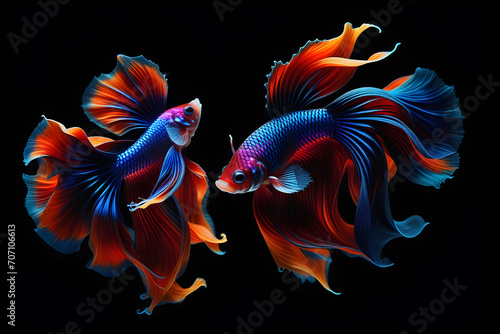 Siamese Fighting Fish or Betta Fish in motion isolated on black background. The fish is a vibrant colorful © pornpun