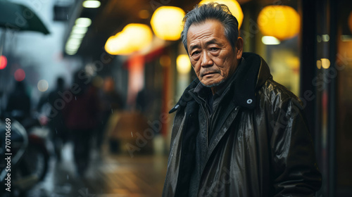 Asian man, portrait and mafia boss or senior, entrepreneur and professional in city street. Serious, looking and urban with male wearing a black clothes for leadership, gangster and success at night