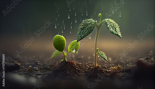 Young plants growing up on ground with raining drop, save wold and green environment, Ai generated image (8)