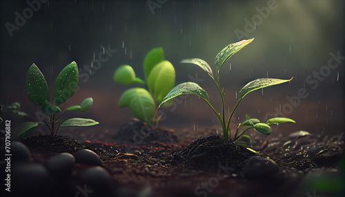 Young plants growing up on ground with raining drop, save wold and green environment, Ai generated image (8) photo