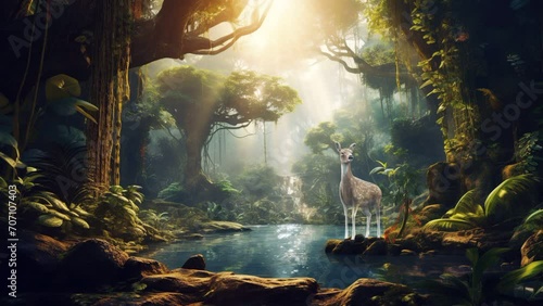 A deer in beautiful fairytale enchanted jungle rainforest with sunbeams. Enchanted tropical rain forest. photo