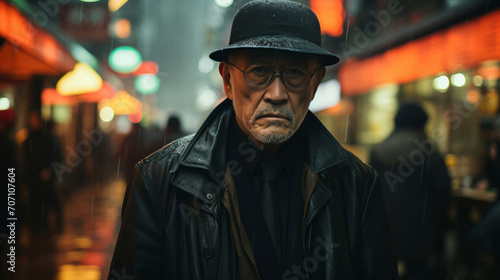 Asian man, portrait and mafia boss or senior, entrepreneur and professional in city street. Serious, looking and urban with male wearing a black clothes for leadership, gangster and success at night