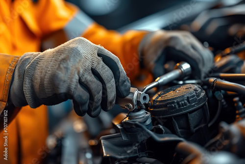Repairing a car in a car service center, close-up of a mechanic's hands in gloves repairing engine