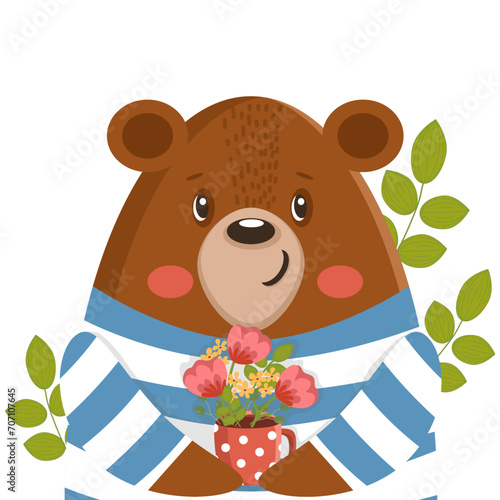 Bear with flowers. Cartoon teddy bear with flowers bouquet. Cute teddy bear . Vector illustration isolated on white background. Funny cartoon animal . Greeting card, happy birthday, print, poster  photo