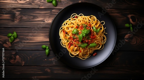 Plate of Italian spaghetti delicious with basil garnish and herbs on black wooden board background, on dark wood table counter, top down view