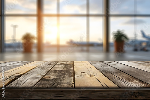 Empty Wooden Table with Background of Blurry Airport Terminal