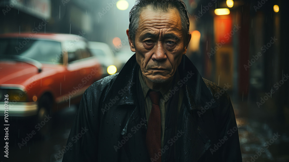 Asian man, portrait and mafia boss or senior, entrepreneur and professional in city street. Serious, looking and urban with male wearing a black clothes for leadership, gangster and success at night Asian man, portrait and mafia boss or senior, entrepreneur and professional in city street. Serious, looking and urban with male wearing a black clothes for leadership, gangster and success at night