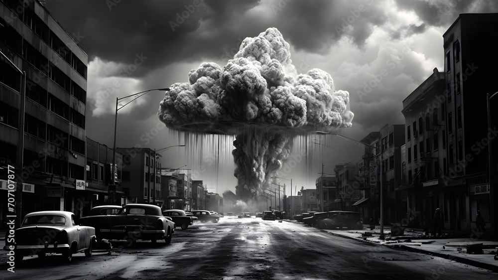 Apocalyptic Symphony: Embracing the aftermath of war, explosions, and the threat of nuclear mayhem." powered by AI - obrazy, fototapety, plakaty 