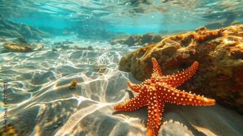 Beautiful orange colour starfish on the bottom of blue ocean. © mariof