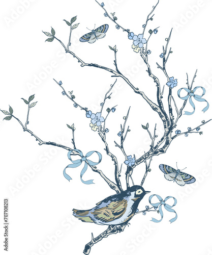Hand painting watercolor illustration butterfly bird asain garden chinoiseries