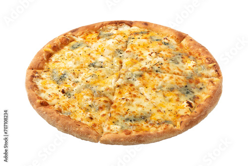 Pizza Quattro Formaggi, four cheese pizza isolated on white background. Side view.