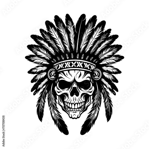 a drawing of a indian skull with feathers headdress in black and white. Tattoo idea for a biker theme.