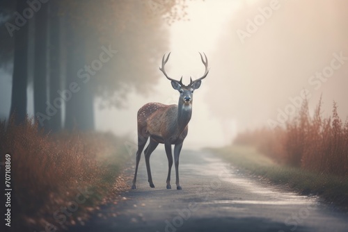 Deer on road scene with misty thicket smoke. Wildlife nature scene of fauna in morning fog. Generate ai