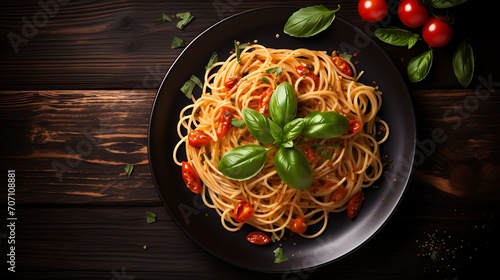 Plate of Italian spaghetti delicious with basil garnish and herbs on black wooden board background, on dark wood table counter, top down view