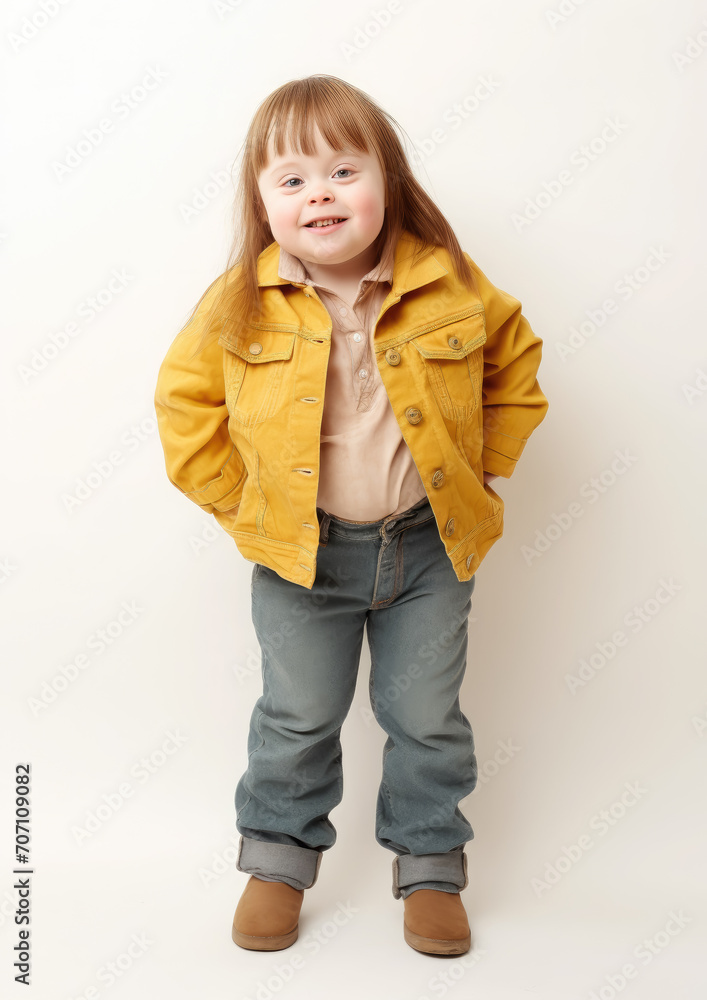 little cute girl with down syndrome in casual clothes on a white background, smiling child, person with special needs, kid, toddler, childhood, chromosomal disease, disability, studio portrait little cute girl with down syndrome in casual clothes on a white background, smiling child, person with special needs, kid, toddler, childhood, chromosomal disease, disability, studio portrait