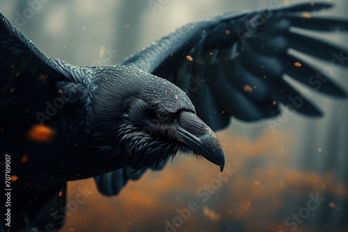 close-up of a raven flying in the rain 