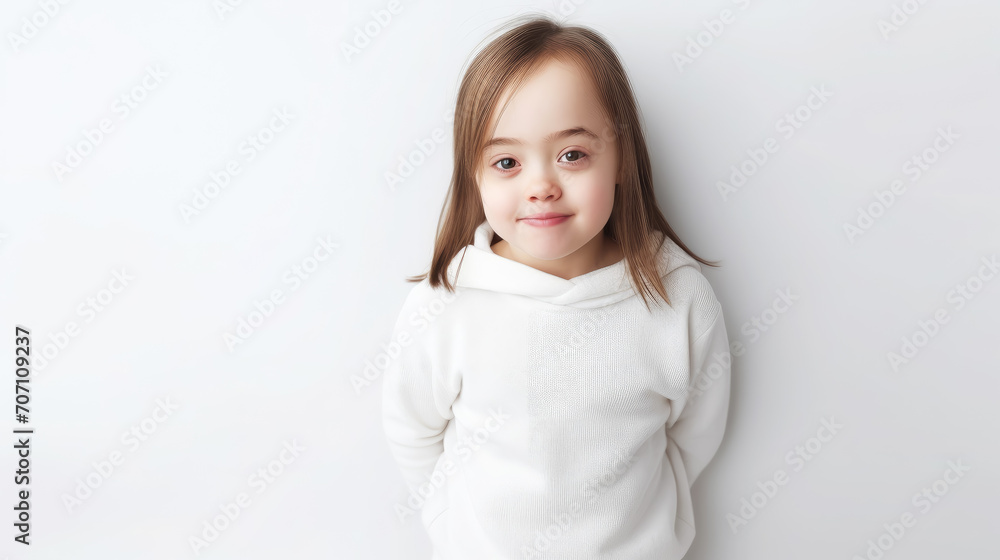 little cute girl with down syndrome in casual clothes on a white background, smiling child, person with special needs, kid, toddler, childhood, chromosomal disease, disability, studio portrait little cute girl with down syndrome in casual clothes on a white background, smiling child, person with special needs, kid, toddler, childhood, chromosomal disease, disability, studio portrait