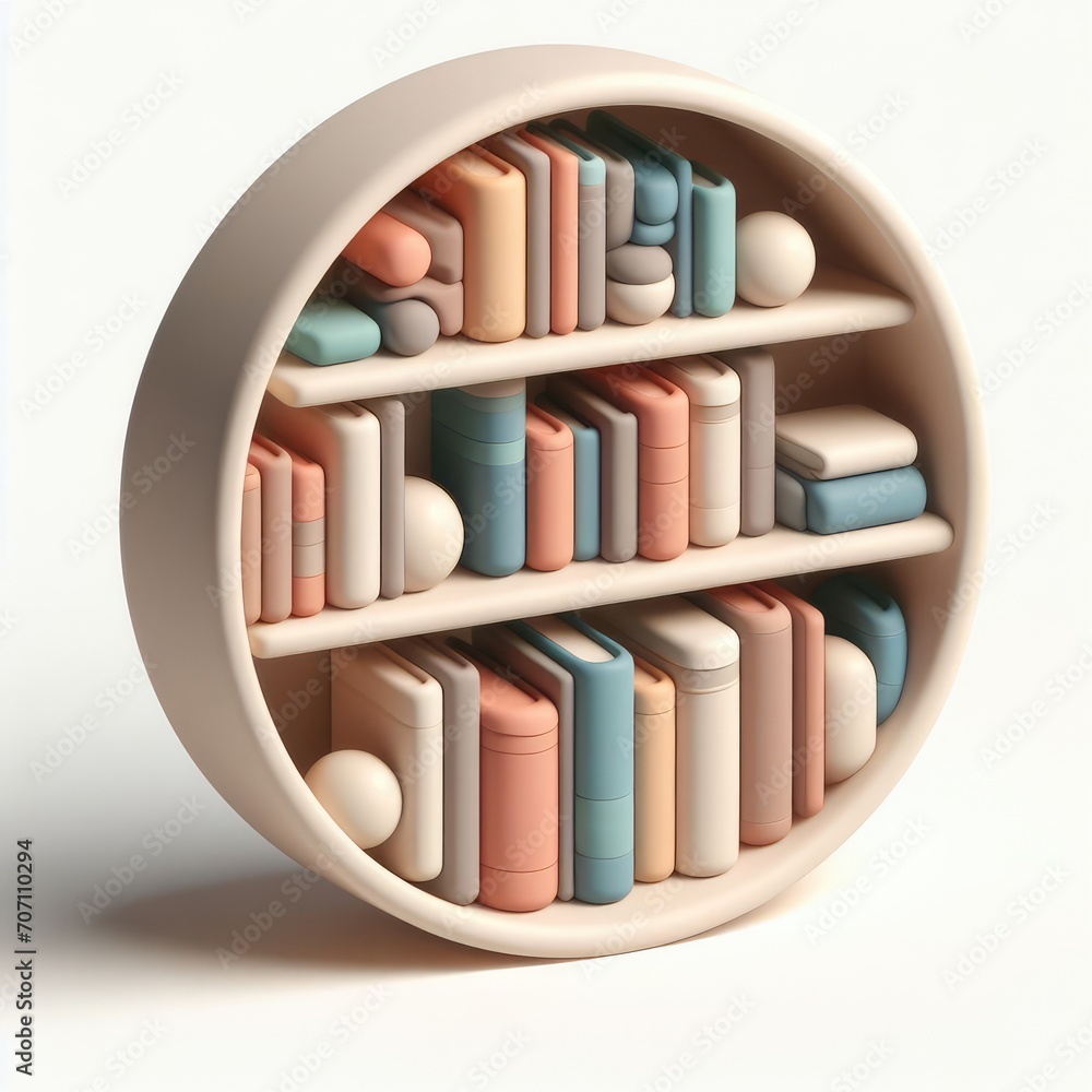 Round Bookshelf. 3D minimalist cute illustration on a light background. Round Bookshelf. 3D minimalist cute illustration on a light background.