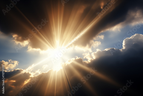 Heavenly rays of light in the clouds. Dreamy inspiring hope concept. Sun rays from heaven. Blessed light. 