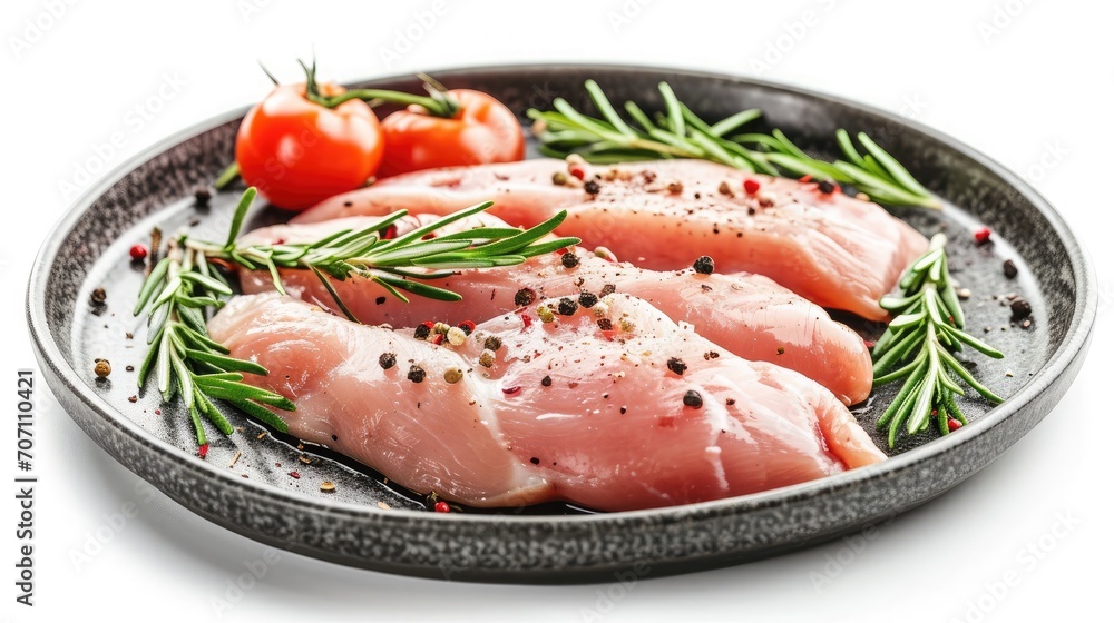 Sliced raw Chicken breast fillet, poultry meat steaks in plate. B Isolated on white background Sliced raw Chicken breast fillet, poultry meat steaks in plate. B Isolated on white background