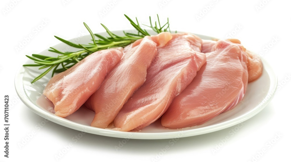 Sliced raw Chicken breast fillet, poultry meat steaks in plate. B Isolated on white background