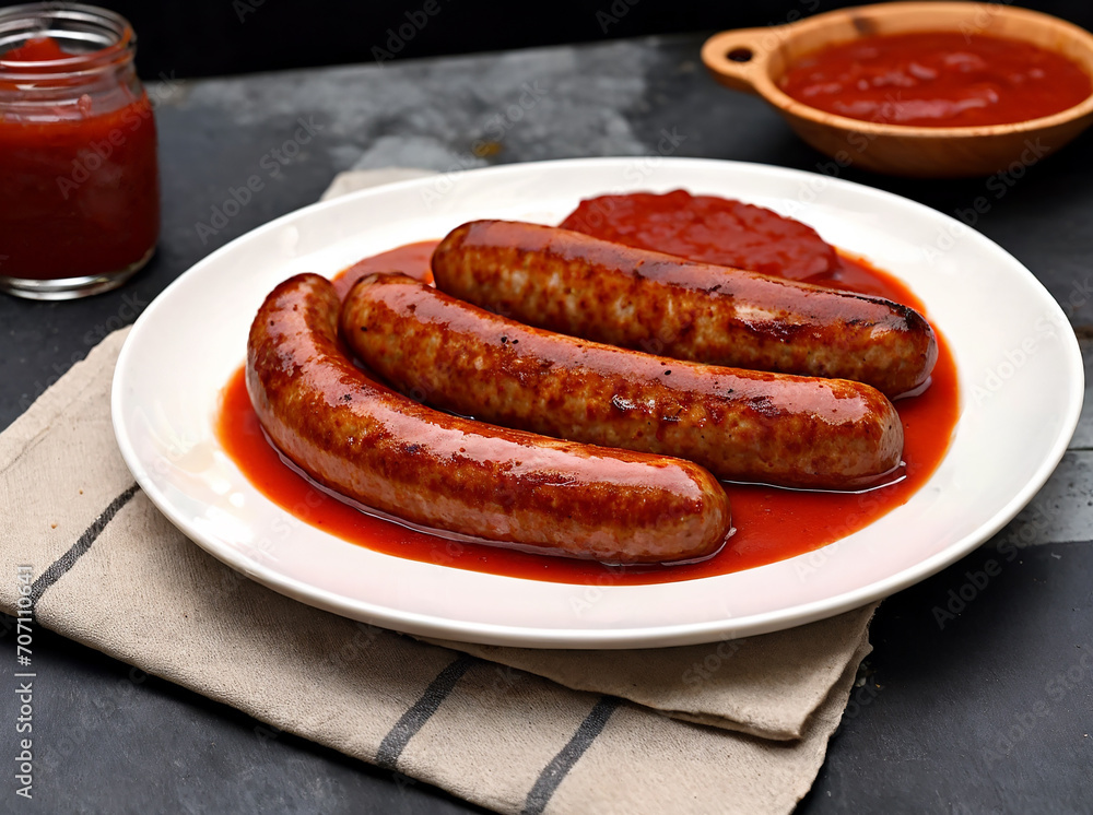 Tasty german sausage served with sauce Tasty german sausage served with sauce