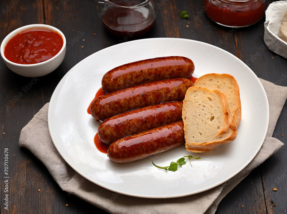 Tasty german sausage served with sauce Tasty german sausage served with sauce