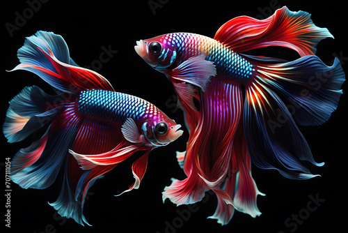 Dual Siamese Fighting Fish or Betta Fish in motion isolated on black background. The fish is a vibrant colorful