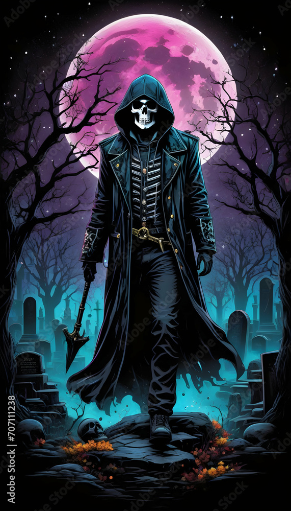 t-shirt design, black background, Centered art, 2D, vector, splashes of bright colors, intricate details, Skull necromancer character in black oil coat with wet hood with glitter appearance, full moon t-shirt design, black background, Centered art, 2D, vector, splashes of bright colors, intricate details, Skull necromancer character in black oil coat with wet hood with glitter appearance, full moon