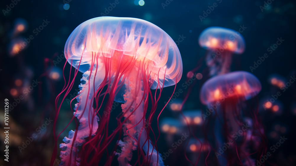 Obraz premium Glowing jellyfish swim deep in blue sea. Medusa neon jellyfish fantasy in space cosmos among stars, glowing jellyfish chrysaora pacifica underwater, Ai generated image 