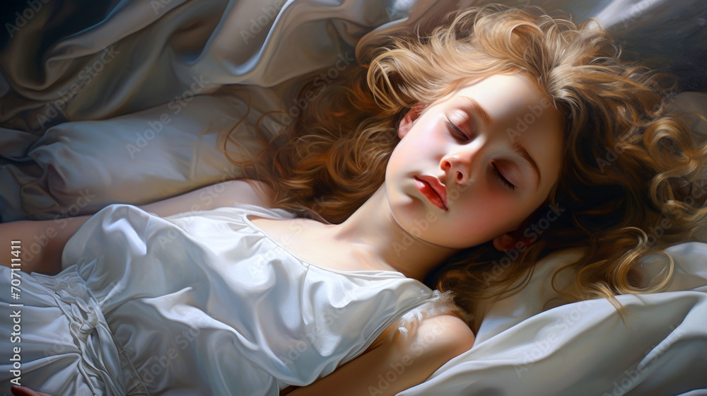 In a serene slumber, an appealing young woman lies comfortably in bed, hugging a soft white pillow In a serene slumber, an appealing young woman lies comfortably in bed, hugging a soft white pillow
