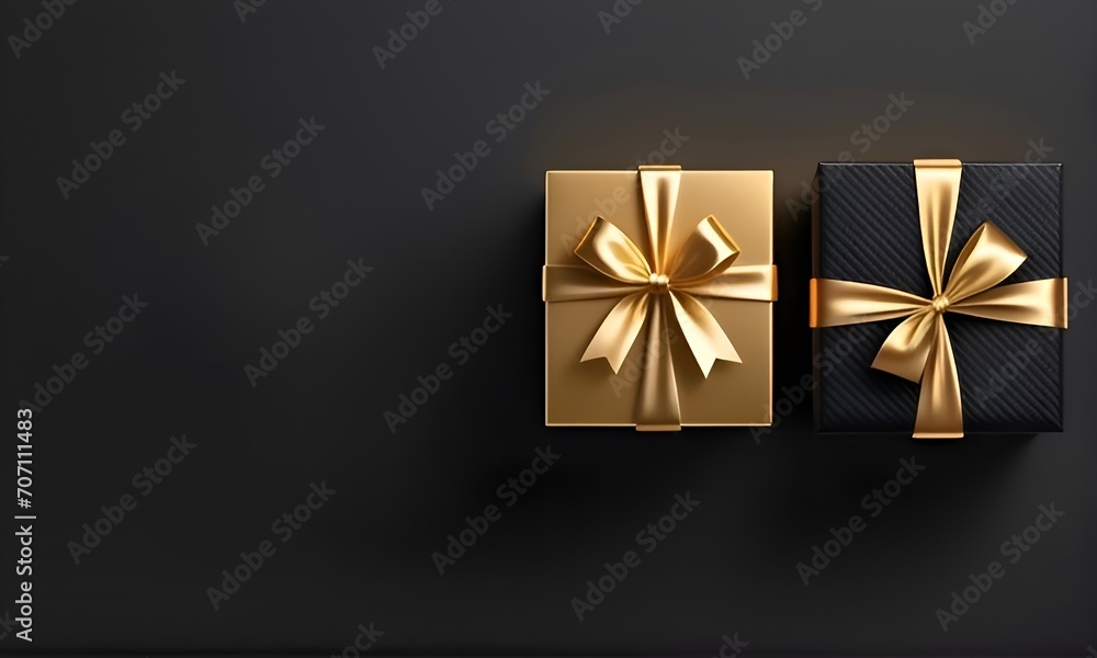 Generative ai. two black and gold gift boxes with gold bows, gifts, presents, black and gold colors, gold and black color scheme - obrazy, fototapety, plakaty 